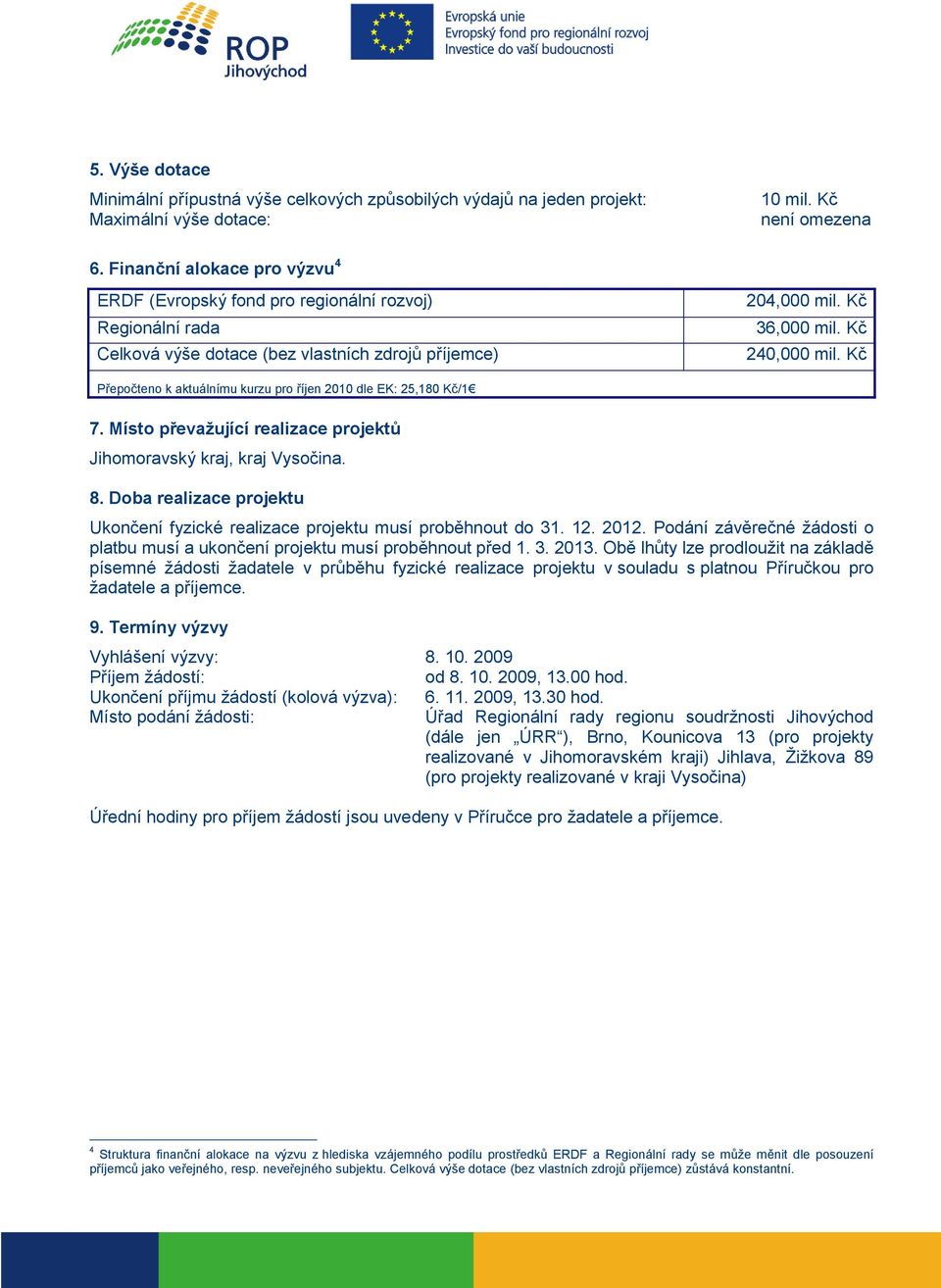 Kč Přepočteno k aktuálnímu kurzu pro říjen 2010 dle EK: 25,180 Kč/1 7. Místo převažující realizace projektů Jihomoravský kraj, kraj Vysočina. 8.