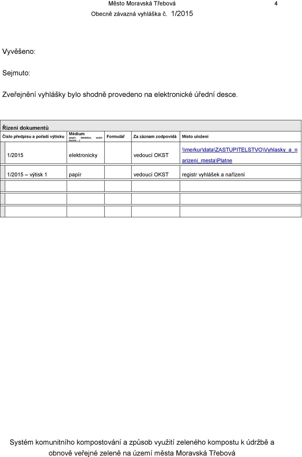 ) Formulář Za záznam zodpovídá Místo uložení 1/2015 elektronicky vedoucí OKST