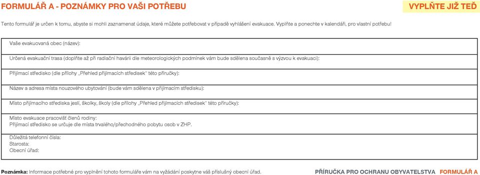 Vaše evakuovaná obec (název): Určená evakuační trasa (doplňte až při radiační havárii dle meteorologických podmínek vám bude sdělena současně s výzvou k evakuaci): Přijímací středisko (dle přílohy