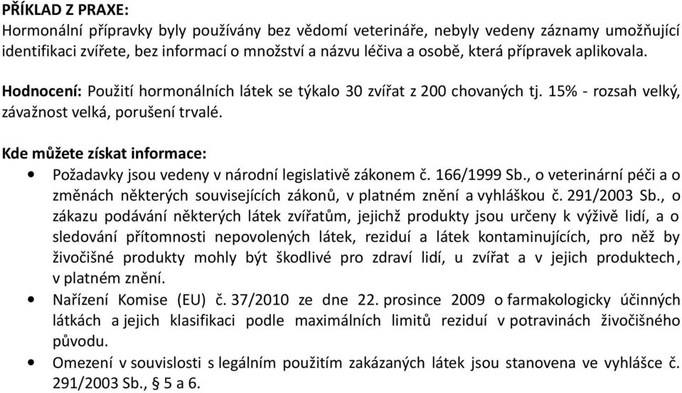 166/1999 Sb., o veterinární péči a o změnách některých souvisejících zákonů, v platném znění a vyhláškou č. 291/2003 Sb.