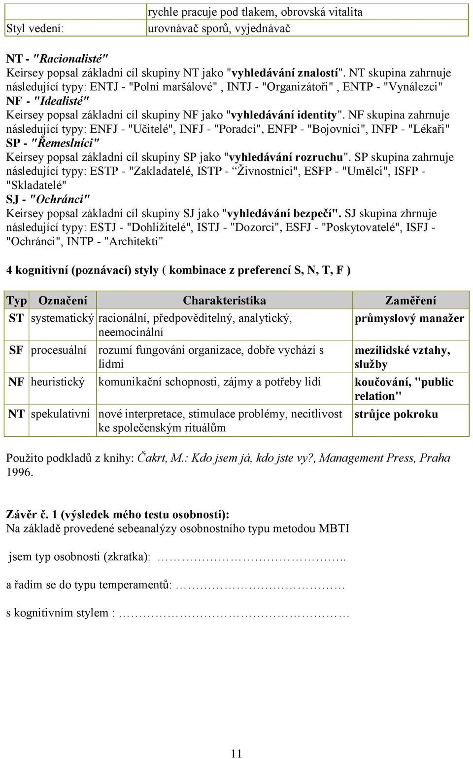 NF skupina zahrnuje následující typy: ENFJ - "Učitelé", INFJ - "Poradci", ENFP - "Bojovníci", INFP - "Lékaři" SP - "Řemeslníci" Keirsey popsal základní cíl skupiny SP jako "vyhledávání rozruchu".