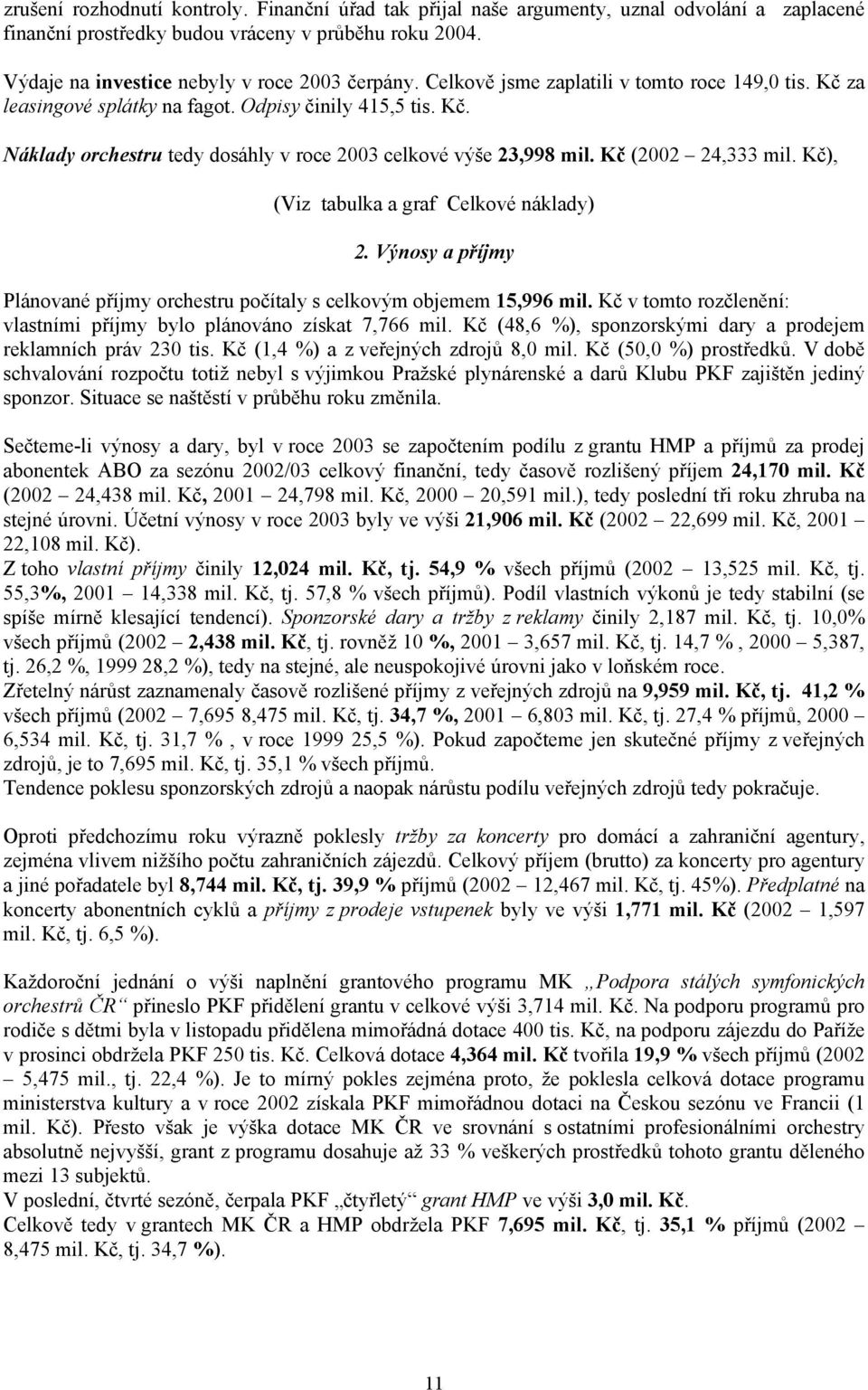 Kč), (Viz tabulka a graf Celkové náklady) 2. Výnosy a příjmy Plánované příjmy orchestru počítaly s celkovým objemem 15,996 mil. Kč v tomto rozčlenění: vlastními příjmy bylo plánováno získat 7,766 mil.