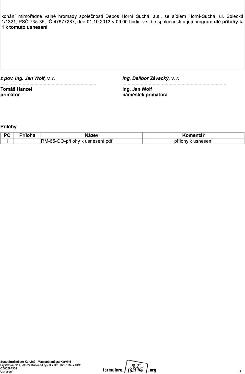 r....... Tomáš Hanzel Ing. Jan Wolf primátor náměstek primátora Přílohy PC Příloha Název Komentář 1 RM-65-OO-přílohy k usnesení.