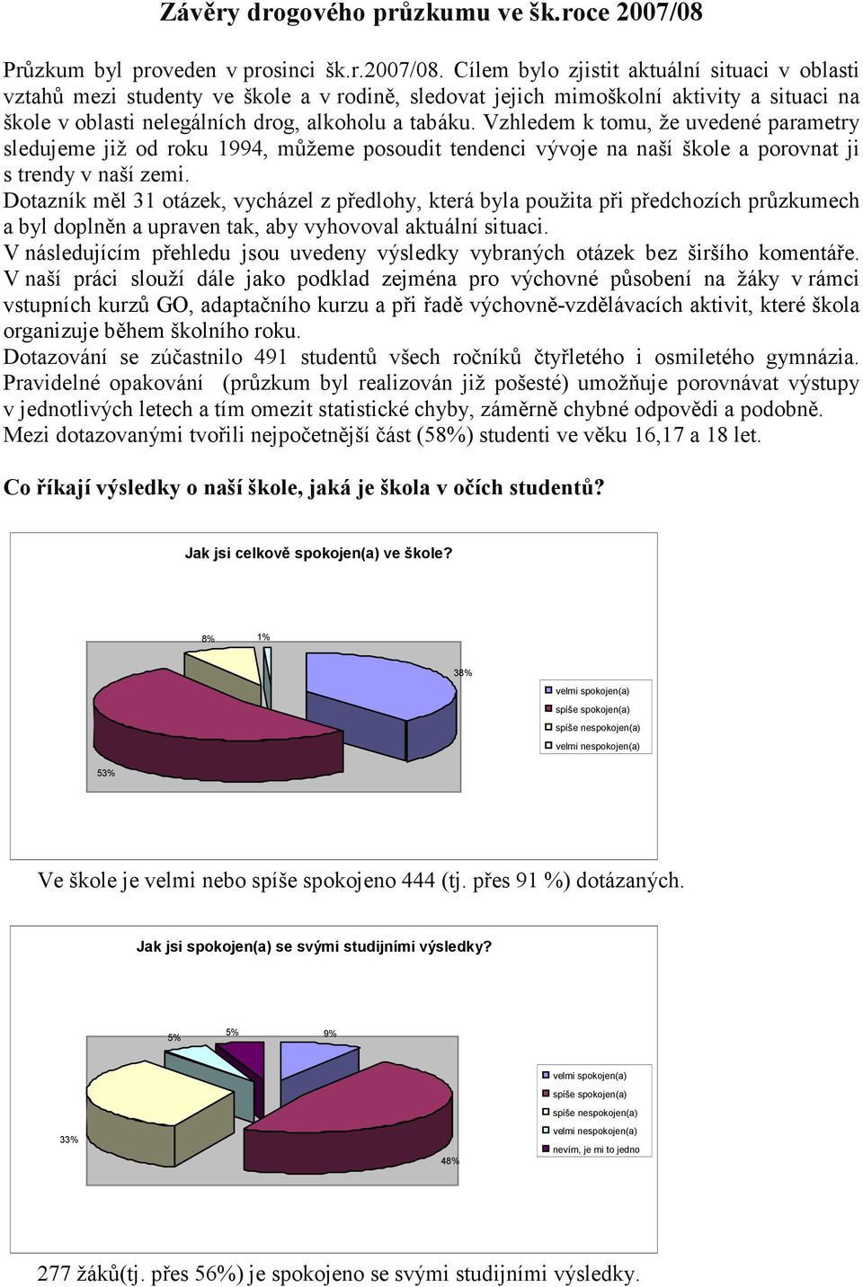 Cílem bylo zjistit aktuální situaci v oblasti vztahů mezi studenty ve škole a v rodině, sledovat jejich mimoškolní aktivity a situaci na škole v oblasti nelegálních drog, alkoholu a tabáku.