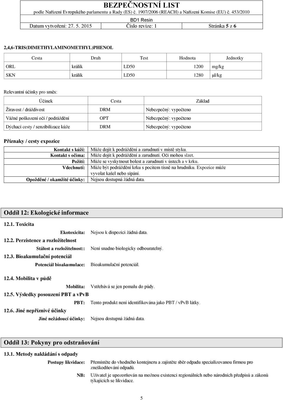 Cesta Základ Žíravost / dráždivost DRM Nebezpečný: vypočteno Vážné poškození očí / podráždění OPT Nebezpečný: vypočteno Dýchací cesty / senzibilizace kůže DRM Nebezpečný: vypočteno Příznaky / cesty