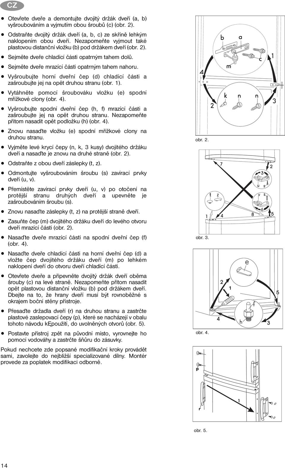 Vyšroubujte horní dveřní čep (d) chladící části a zašroubujte jej na opět druhou stranu (obr. 1). Vytáhněte pomocí šroubováku vložku (e) spodní mřížkové clony (obr. 4).