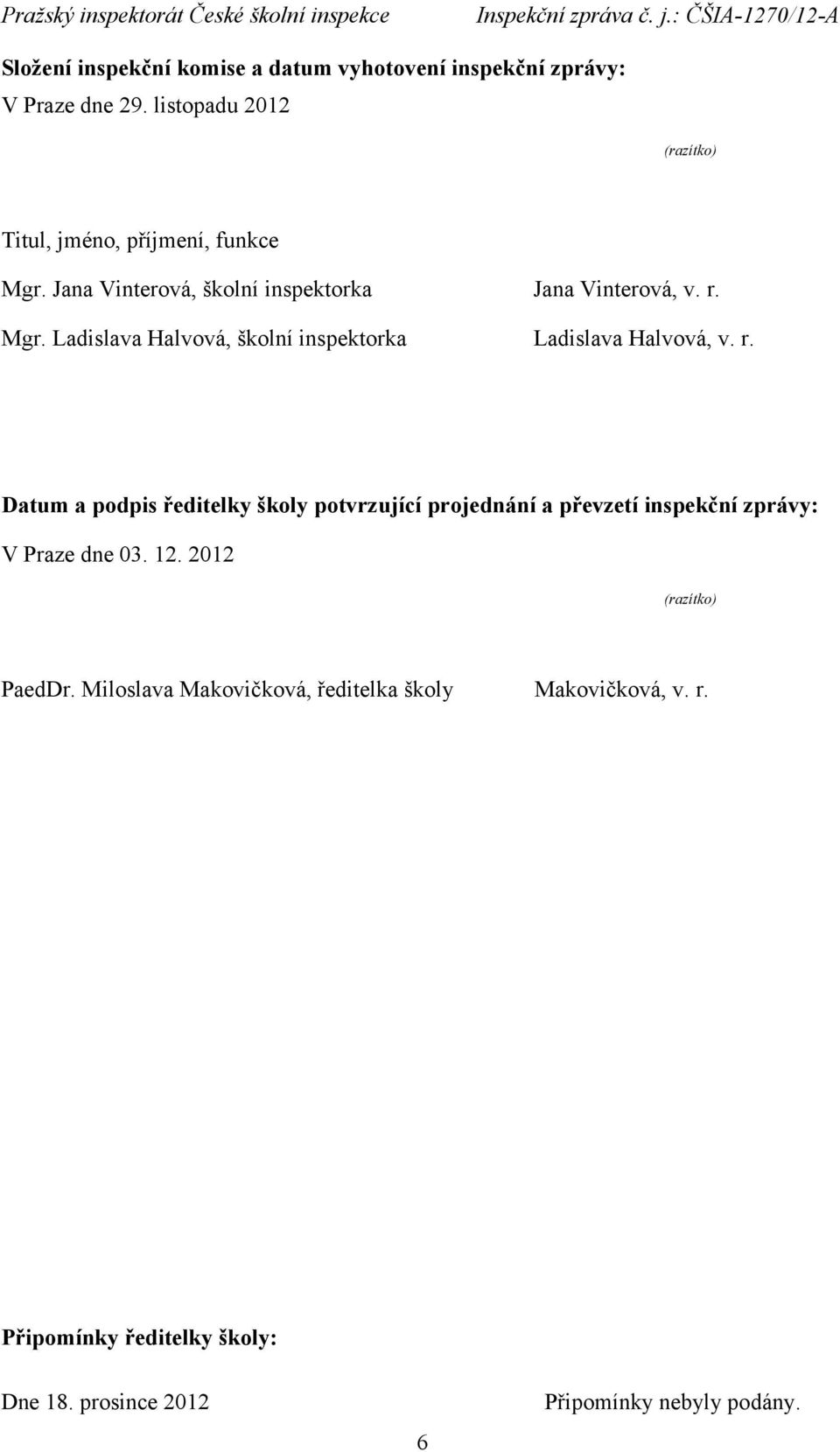 r. Datum a podpis ředitelky školy potvrzující projednání a převzetí inspekční zprávy: V Praze dne 03. 12. 2012 (razítko) PaedDr.