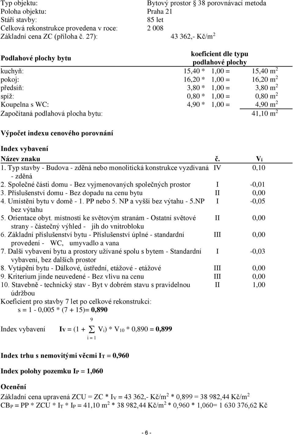 0,80 m 2 Koupelna s WC: 4,90 * 1,00 = 4,90 m 2 Započítaná podlahová plocha bytu: 41,10 m 2 Výpočet indexu cenového porovnání Index vybavení Název znaku č. Vi 1.