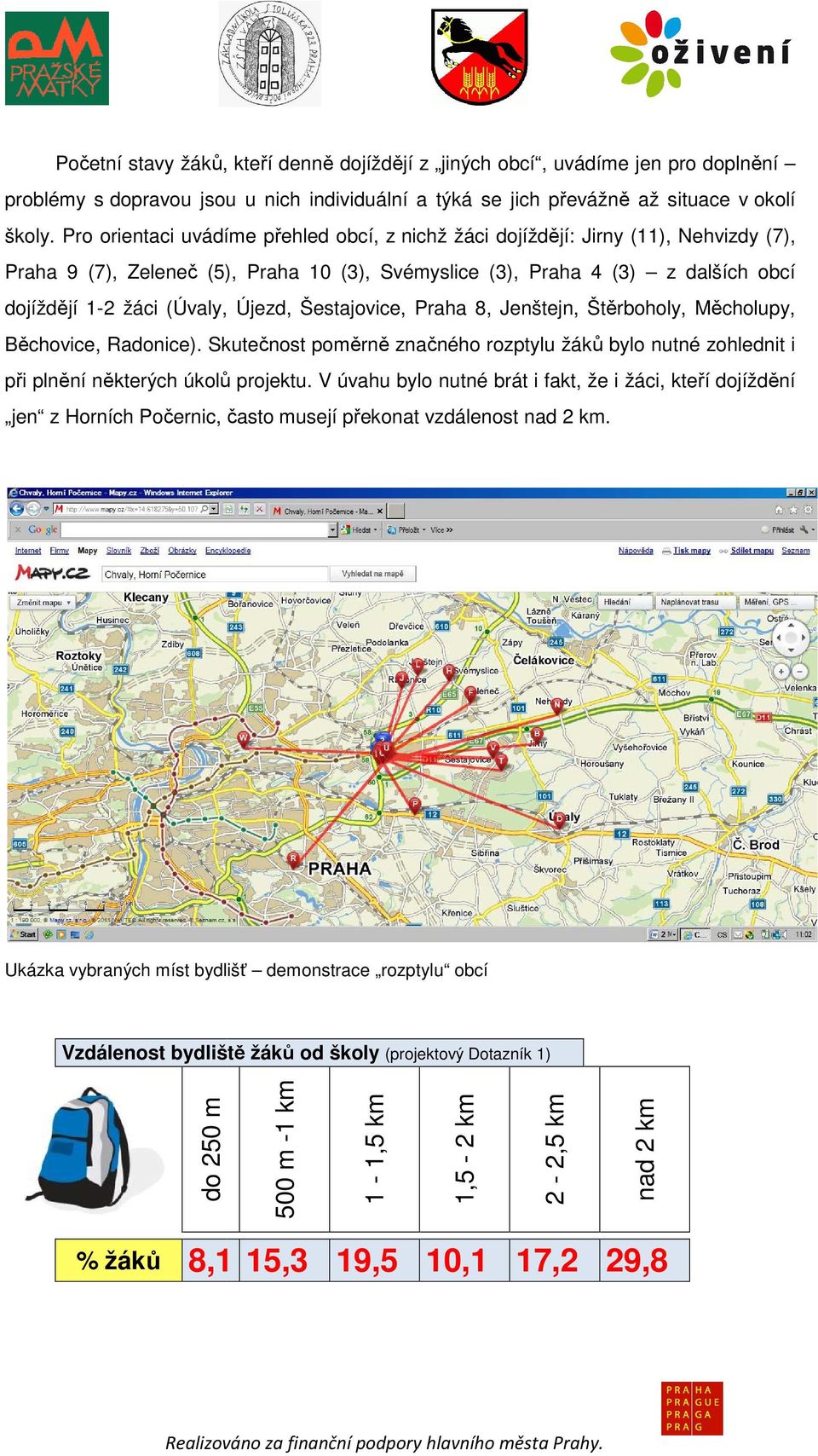 Újezd, Šestajovice, Praha 8, Jenštejn, Štěrboholy, Měcholupy, Běchovice, Radonice). Skutečnost poměrně značného rozptylu žáků ů bylo nutné zohlednit i při plnění některých úkolů projektu.