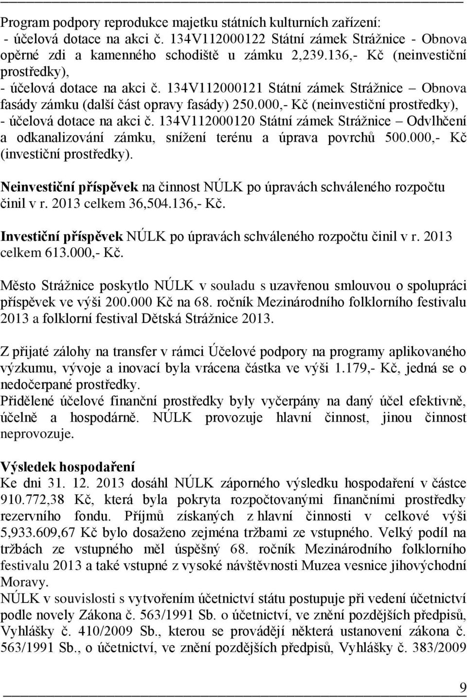 000,- Kč (neinvestiční prostředky), - účelová dotace na akci č. 134V112000120 Státní zámek Strážnice Odvlhčení a odkanalizování zámku, snížení terénu a úprava povrchů 500.