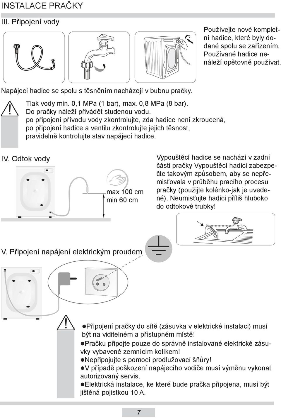 po připojení přívodu vody zkontrolujte, zda hadice není zkroucená, po připojení hadice a ventilu zkontrolujte jejich těsnost, pravidelně kontrolujte stav napájecí hadice. IV.