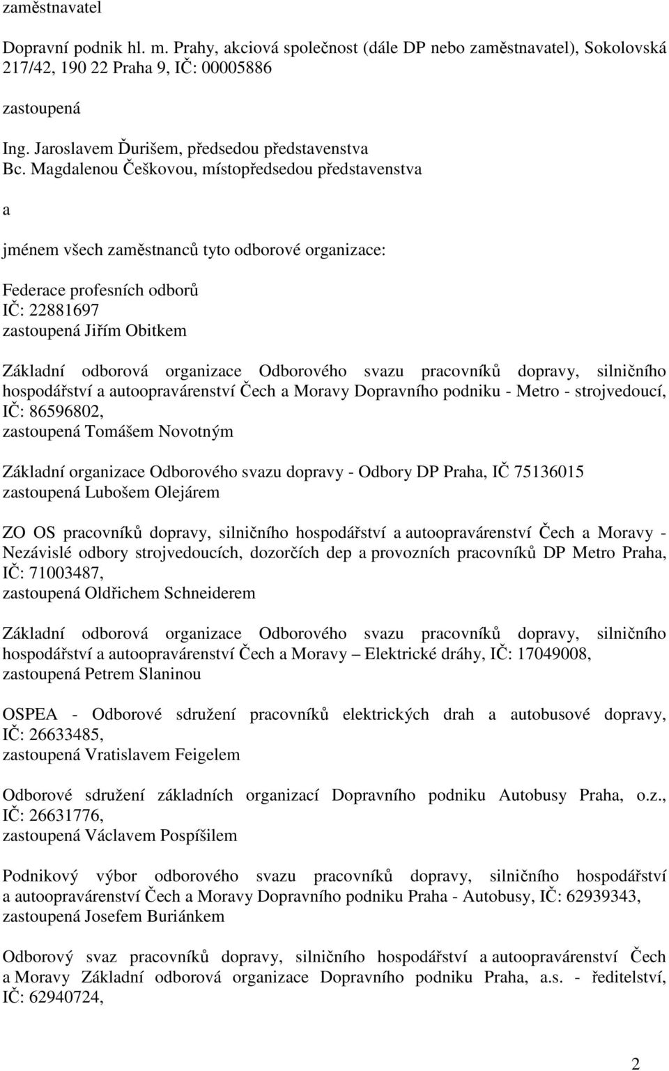 Magdalenou Češkovou, místopředsedou představenstva a jménem všech zaměstnanců tyto odborové organizace: Federace profesních odborů IČ: 22881697 zastoupená Jiřím Obitkem Základní odborová organizace