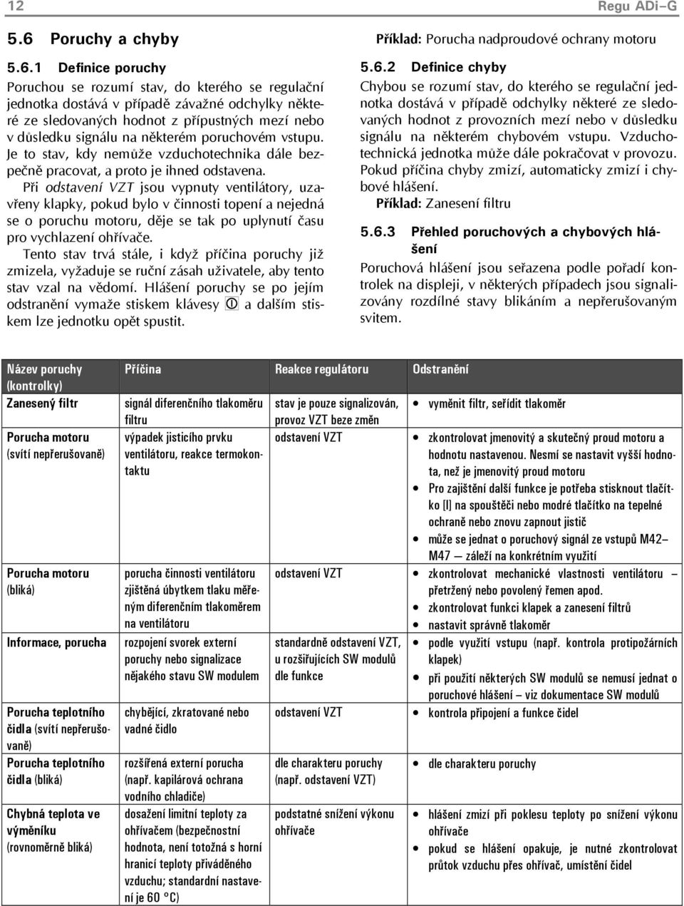 1 Definice poruchy Poruchou se rozumí stav, do kterého se regulační jednotka dostává v případě závažné odchylky některé ze sledovaných hodnot z přípustných mezí nebo v důsledku signálu na některém