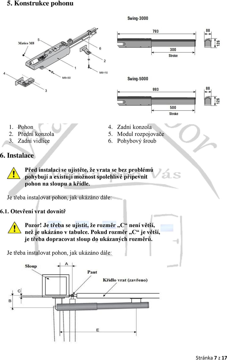 křídle. Je třeba instalovat pohon, jak ukázáno dále: 6.1. Otevření vrat dovnitř Pozor!