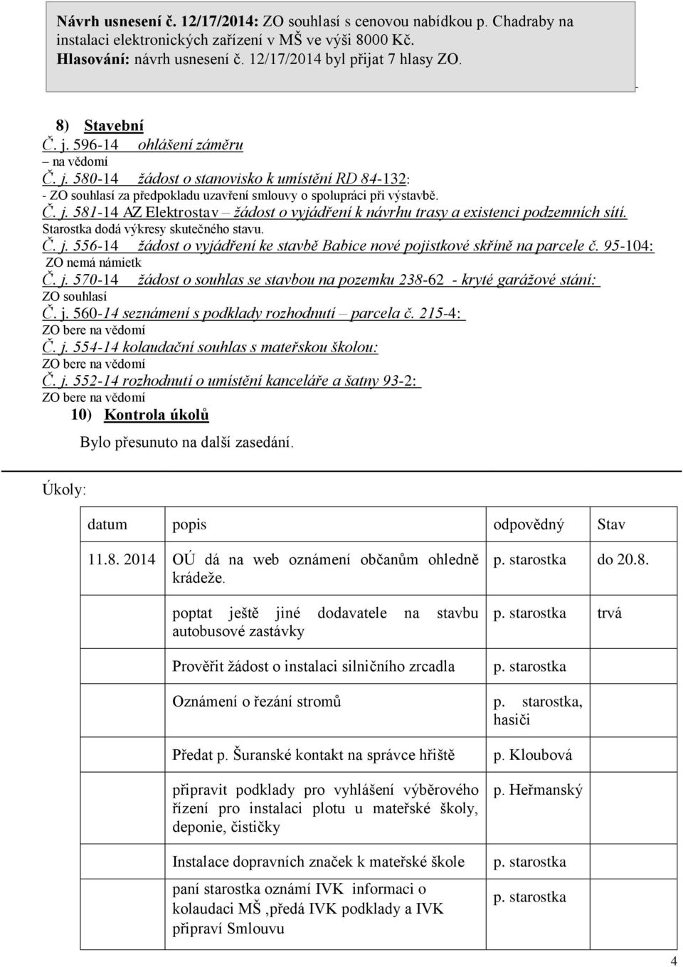 Starostka dodá výkresy skutečného stavu. Č. j. 556-14 žádost o vyjádření ke stavbě Babice nové pojistkové skříně na parcele č. 95-104: ZO nemá námietk Č. j. 570-14 žádost o souhlas se stavbou na pozemku 238-62 - kryté garážové stání: ZO souhlasí Č.