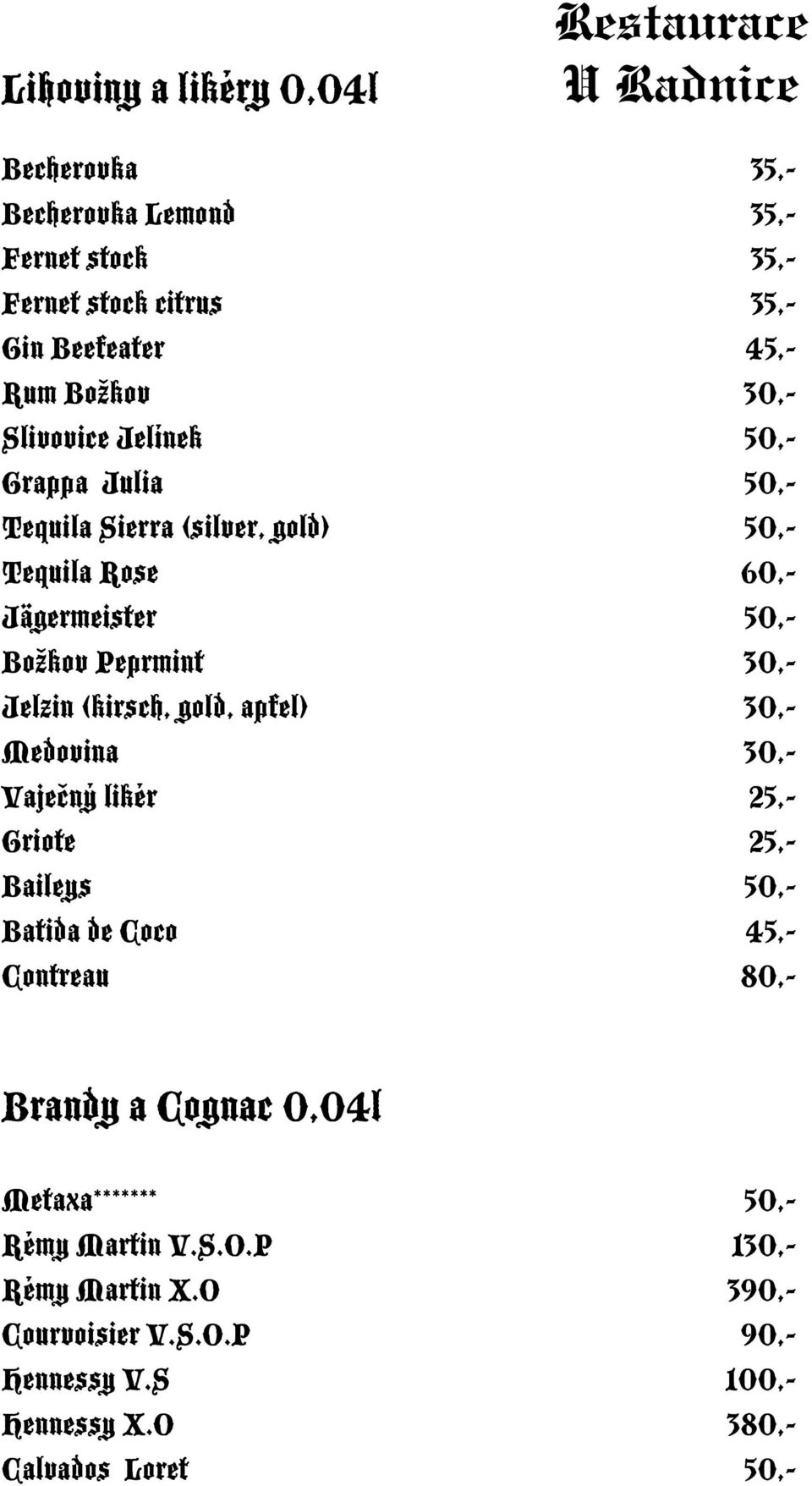 (kirsch, gold, apfel) 30,- Medovina 30,- Vaječný likér 25,- Griote 25,- Baileys 50,- Batida de Coco 45,- Contreau 80,- Brandy a Cognac 0,04l