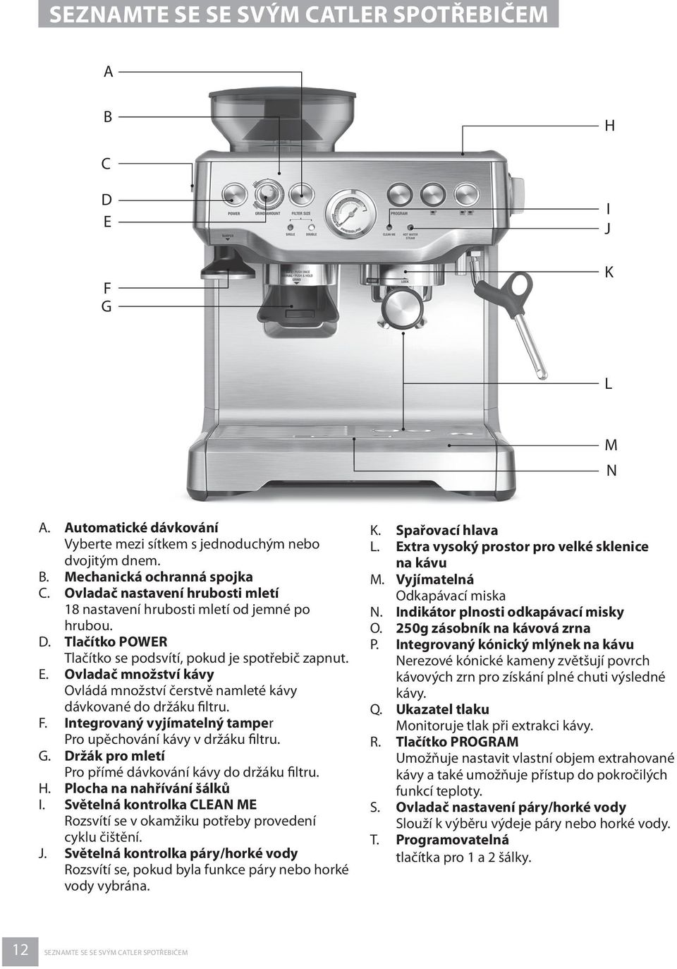 Ovladač množství kávy Ovládá množství čerstvě namleté kávy dávkované do držáku filtru. F. Integrovaný vyjímatelný tamper Pro upěchování kávy v držáku filtru. G.