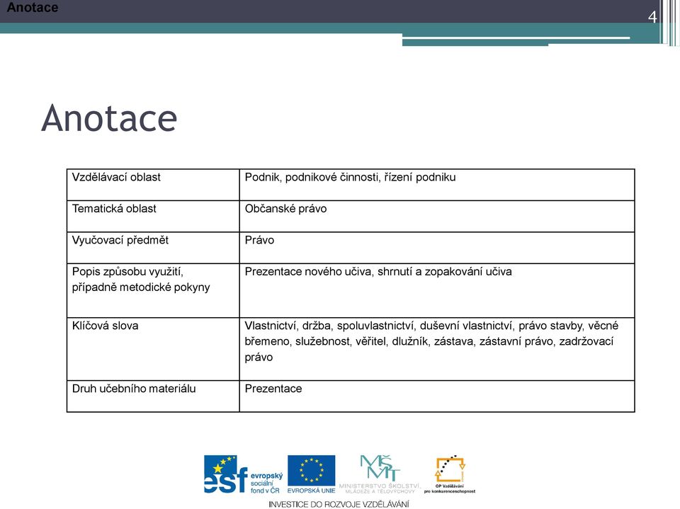 zopakování učiva Klíčová slova Vlastnictví, držba, spoluvlastnictví, duševní vlastnictví, právo stavby, věcné