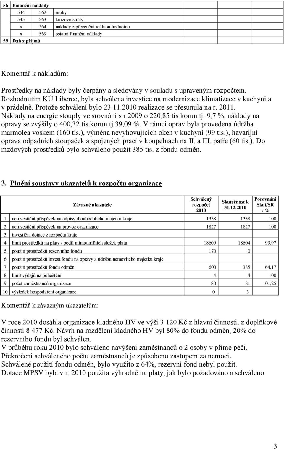 realizace se přesunula na r. 2011. Náklady na energie stouply ve srovnání s r.2009 o 220,85 tis.korun tj. 9,7 %, náklady na opravy se zvýšily o 400,32 tis.korun tj.39,09 %.