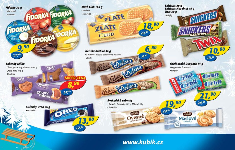 dražé Duopack 14 g Choco grains 42 g, Choco cow 40 g, Peppermint, Spearmint Choco minis 37,5 g Wrigley Mondeléz Sušenky Oreo 66 g