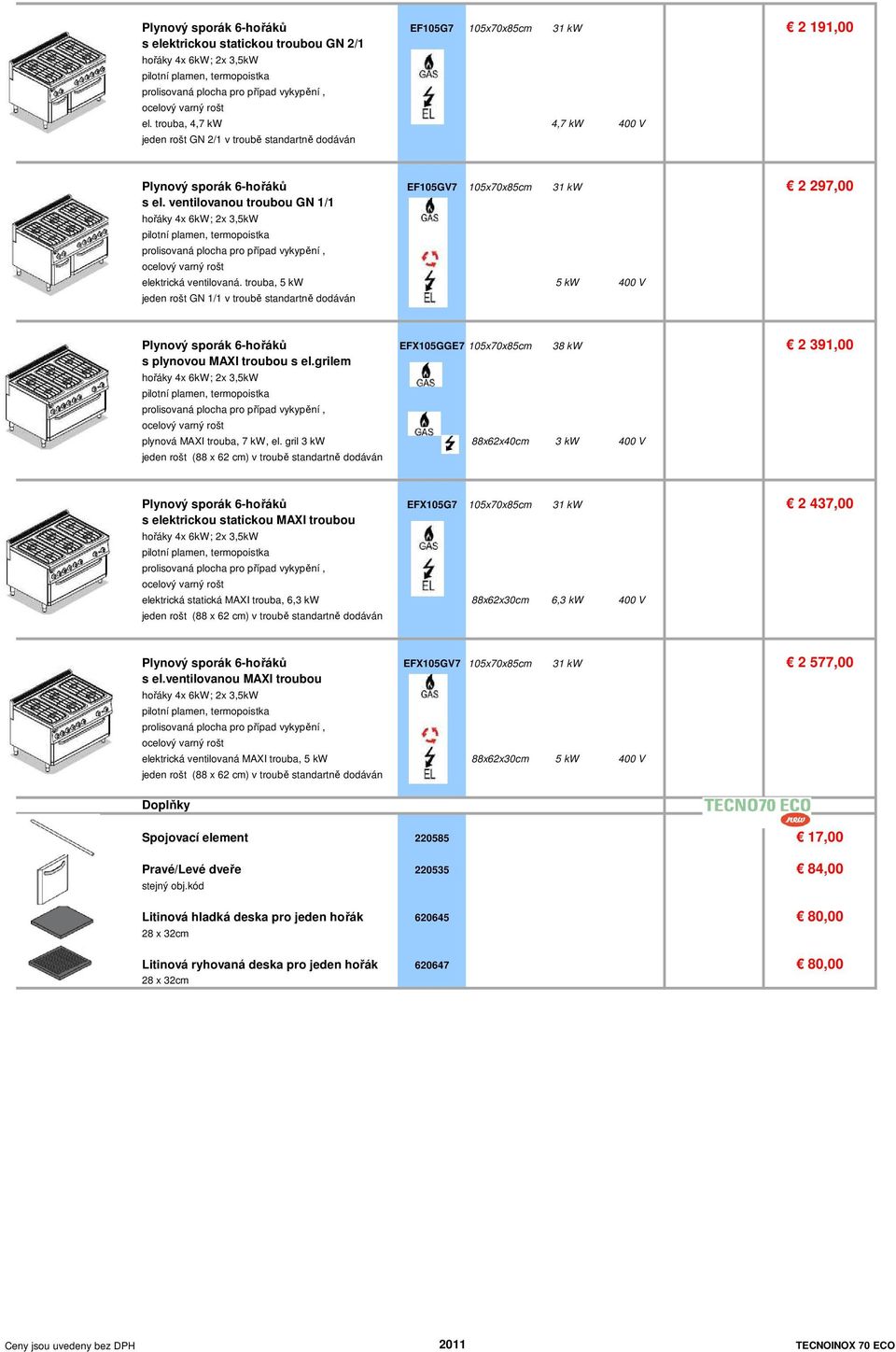 ventilovanou troubou GN 1/1 hořáky 4x 6kW; 2x 3,5kW elektrická ventilovaná.