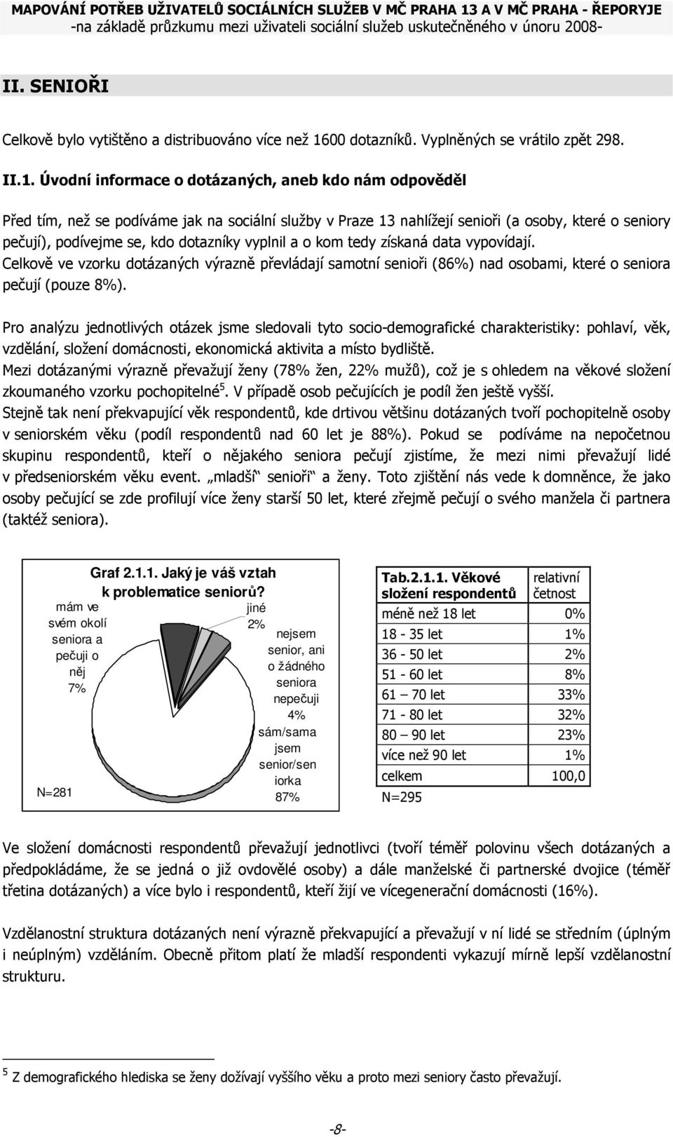 Úvodní informace o dotázaných, aneb kdo nám odpověděl Před tím, než se podíváme jak na sociální služby v Praze 13 nahlížejí senioři (a osoby, které o seniory pečují), podívejme se, kdo dotazníky