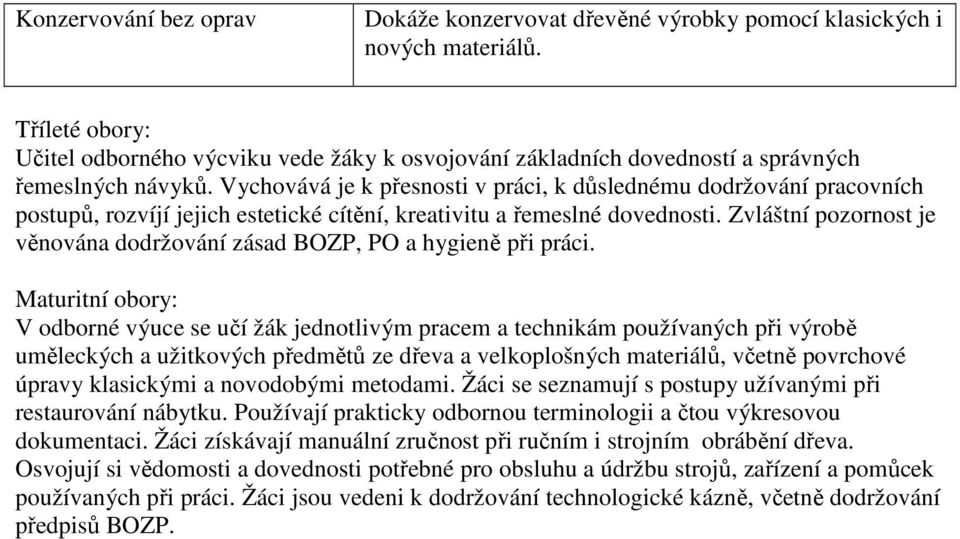 Vychovává je k přesnosti v práci, k důslednému dodržování pracovních postupů, rozvíjí jejich estetické cítění, kreativitu a řemeslné dovednosti.