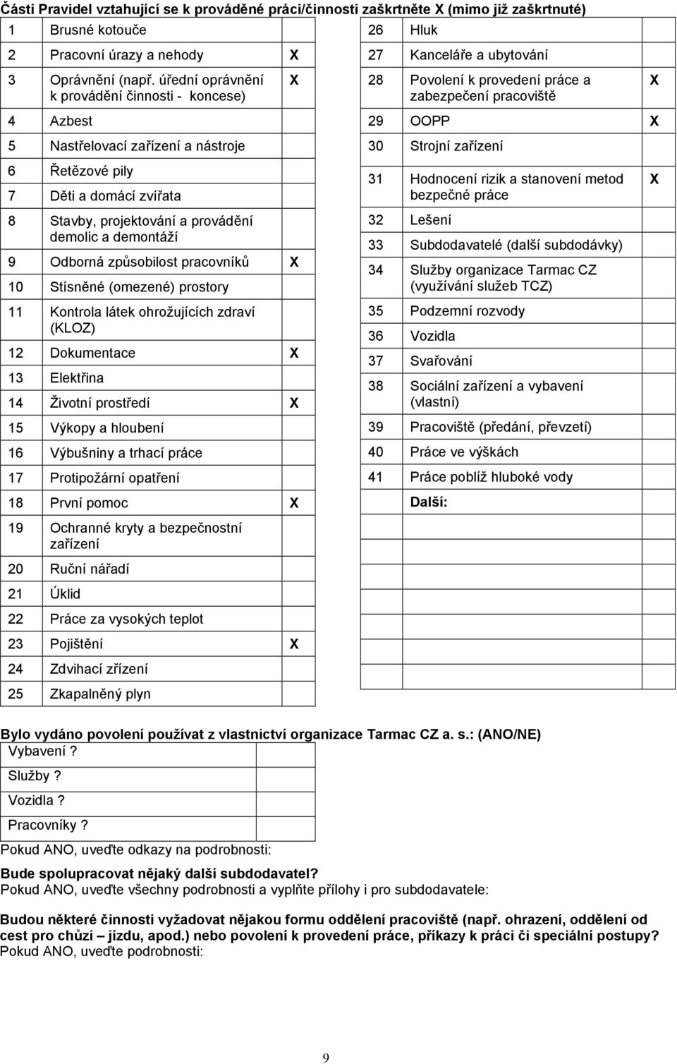 Děti a domácí zvířata 8 Stavby, projektování a provádění demolic a demontáží 9 Odborná způsobilost pracovníků X 10 Stísněné (omezené) prostory 11 Kontrola látek ohrožujících zdraví (KLOZ) 12