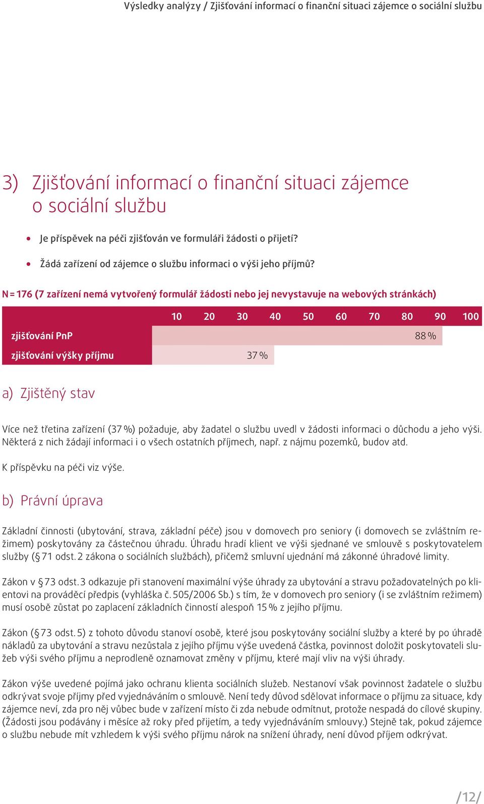 N = 176 (7 zařízení nemá vytvořený formulář žádosti nebo jej nevystavuje na webových stránkách) 10 20 30 40 50 60 70 80 90 100 zjišťování PnP 88 % zjišťování výšky příjmu 37 % a) Zjištěný stav Více