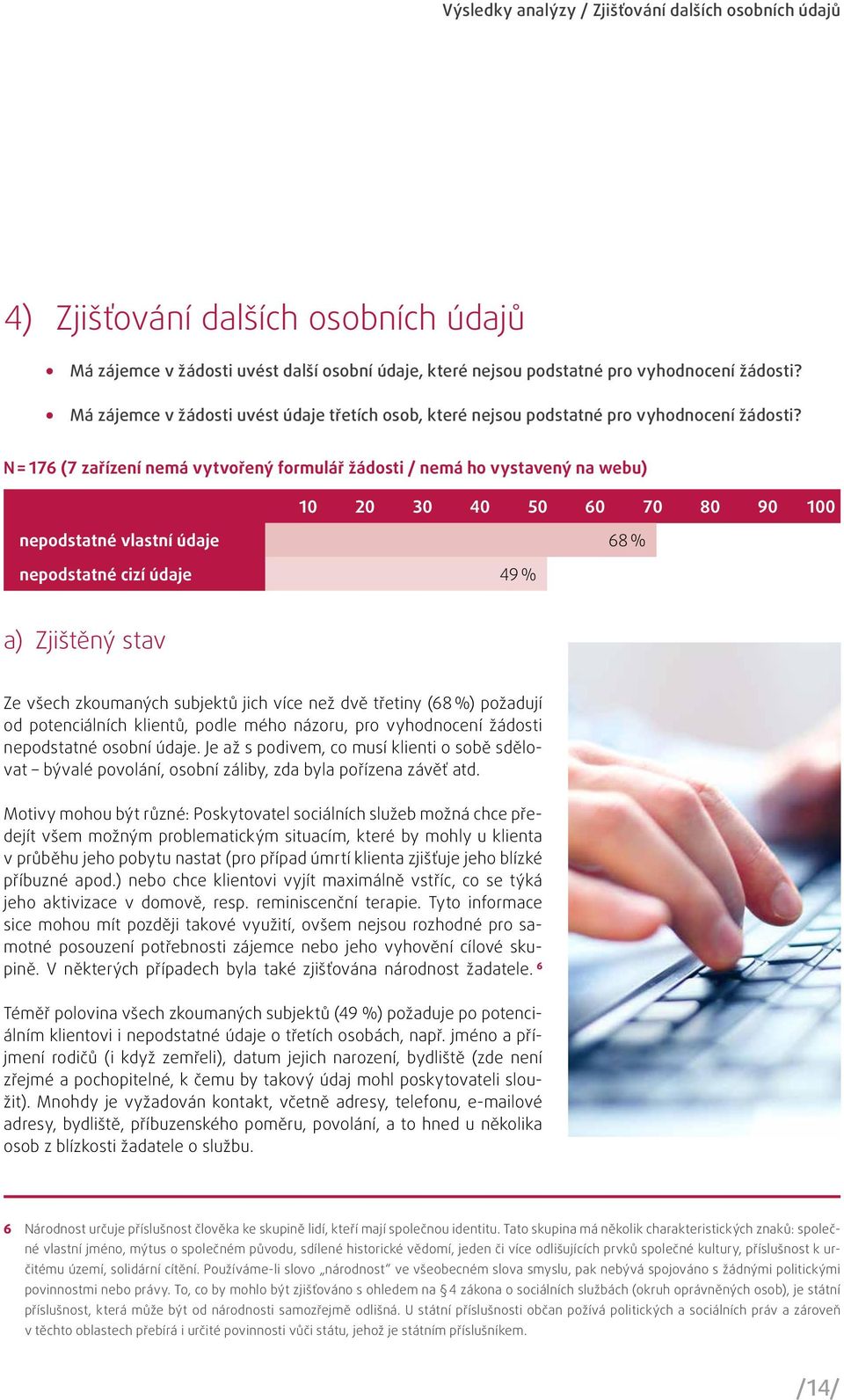 N = 176 (7 zařízení nemá vytvořený formulář žádosti / nemá ho vystavený na webu) 10 20 30 40 50 60 70 80 90 100 nepodstatné vlastní údaje 68 % nepodstatné cizí údaje 49 % a) Zjištěný stav Ze všech