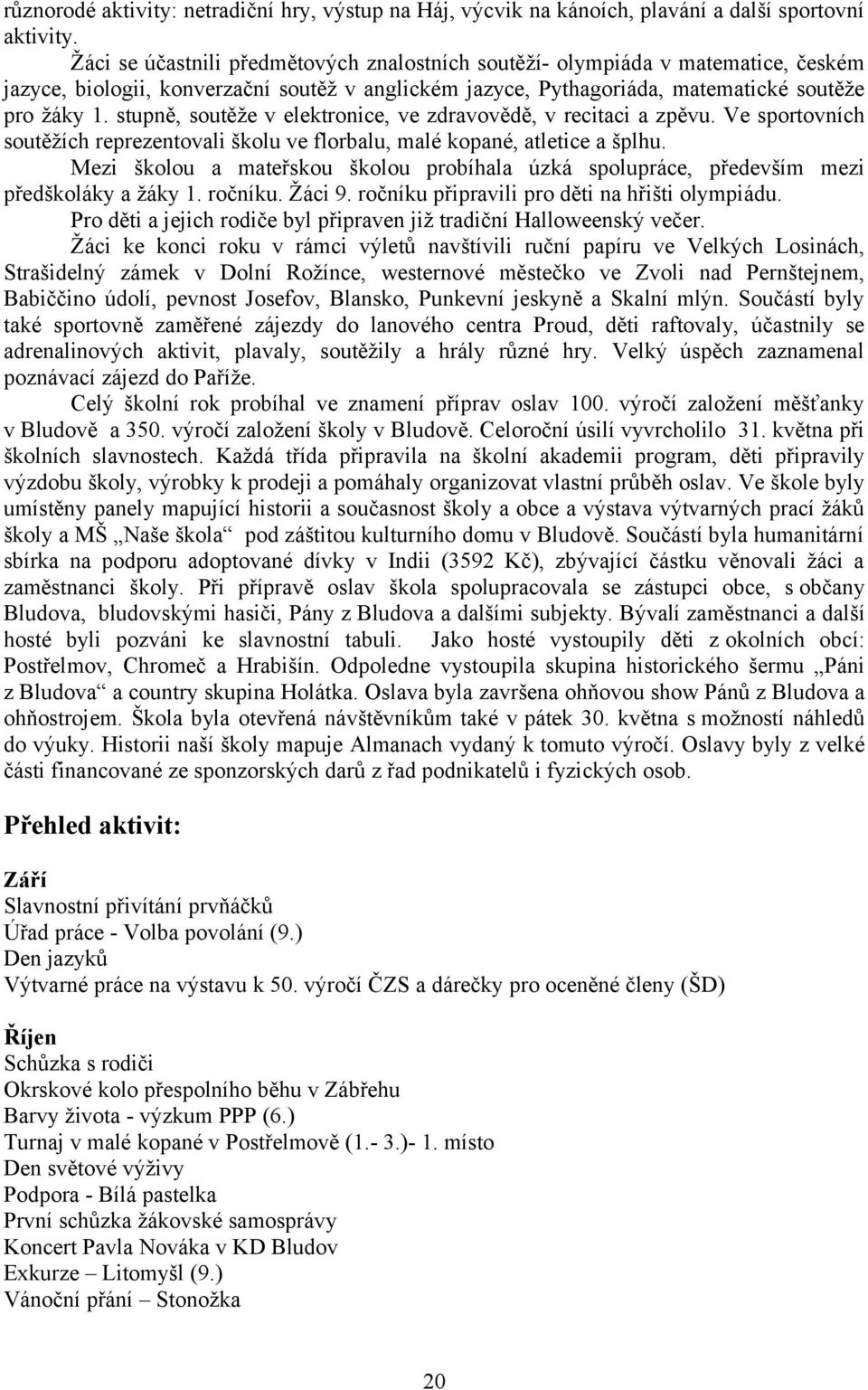 stupně, soutěže v elektronice, ve zdravovědě, v recitaci a zpěvu. Ve sportovních soutěžích reprezentovali školu ve florbalu, malé kopané, atletice a šplhu.