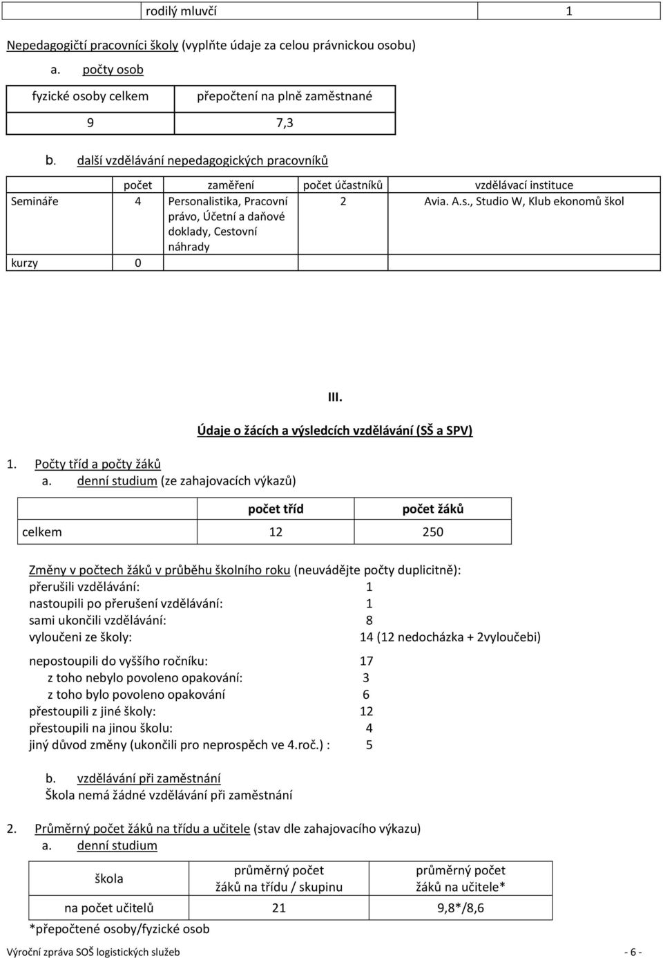 Počty tříd a počty žáků a. denní studium (ze zahajovacích výkazů) Výroční zpráva SOŠ logistických služeb - 6 - III.