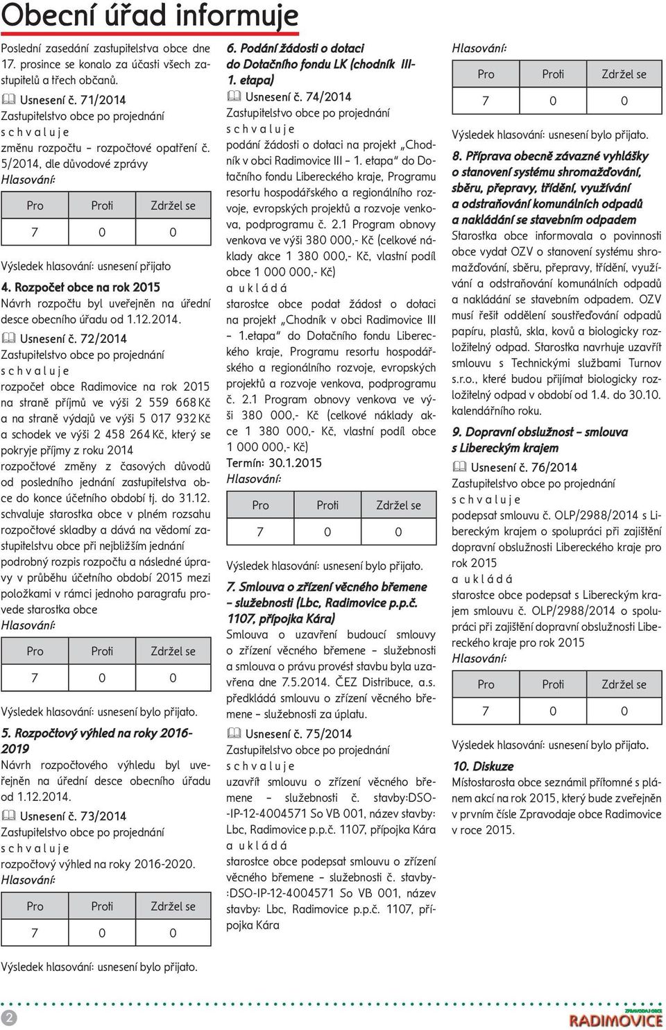 73/2014 rozpočtový výhled na roky 2016-2020. 6. Podání žádosti o dotaci do Dotačního fondu LK (chodník III- 1. etapa) Usnesení č.