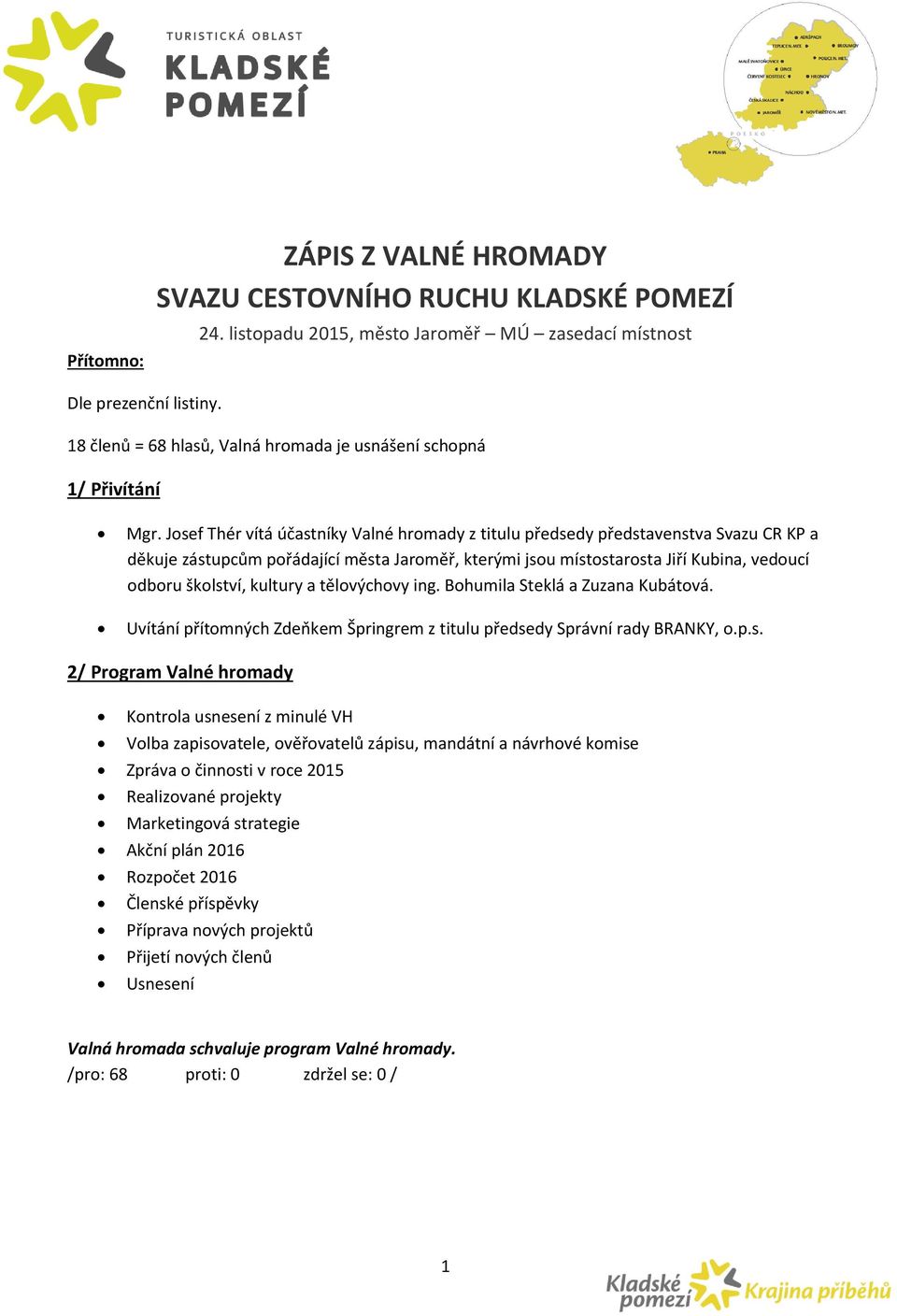 Josef Thér vítá účastníky Valné hromady z titulu předsedy představenstva Svazu CR KP a děkuje zástupcům pořádající města Jaroměř, kterými jsou místostarosta Jiří Kubina, vedoucí odboru školství,