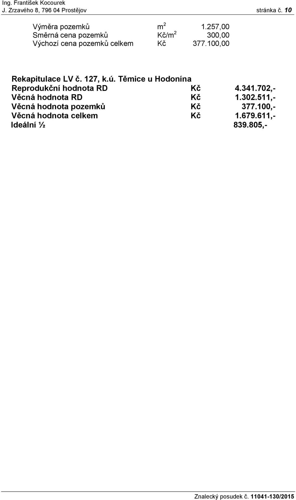 100,00 Rekapitulace LV č. 127, k.ú. Těmice u Hodonína Reprodukční hodnota RD Kč 4.341.