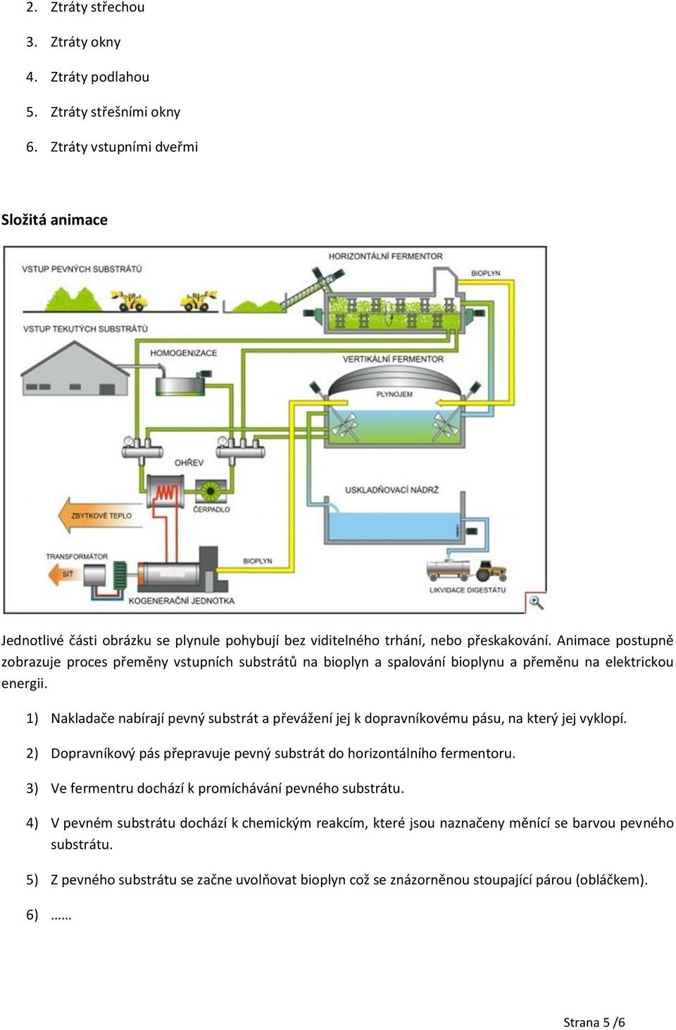 Animace postupně zobrazuje proces přeměny vstupních substrátů na bioplyn a spalování bioplynu a přeměnu na elektrickou energii.