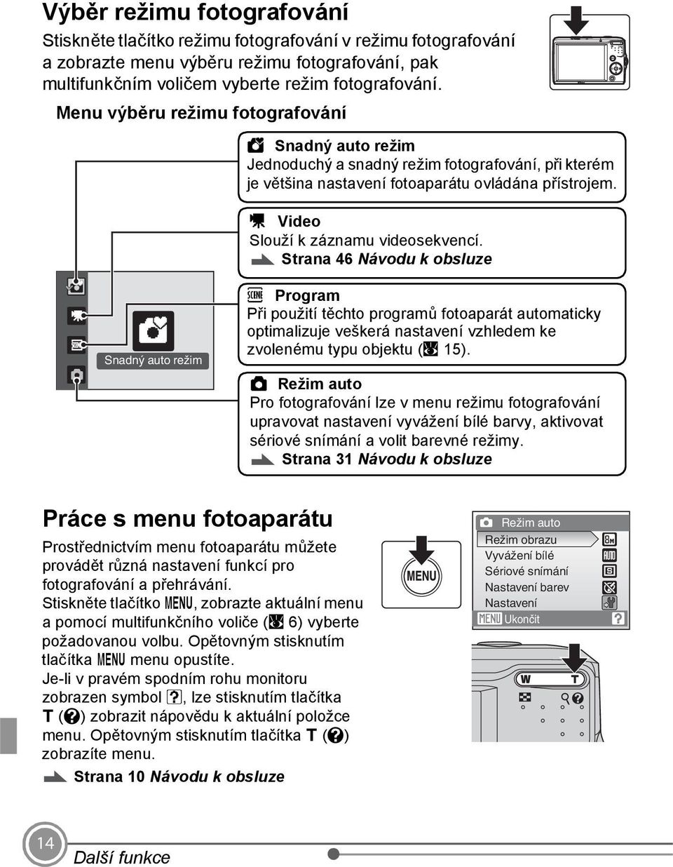 Strana 46 Návodu k obsluze Snadný auto režim C Program Při použití těchto programů fotoaparát automaticky optimalizuje veškerá nastavení vzhledem ke zvolenému typu objektu (A 15).