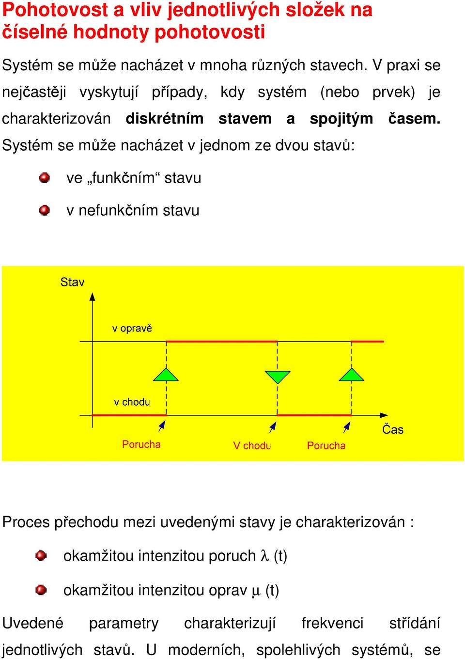 Systém se může nacházet v jednom ze dvou stavů: ve funkčním stavu v nefunkčním stavu Proces přechodu mezi uvedenými stavy je