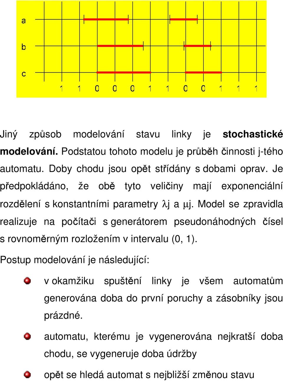 Model se zpravidla realizuje na počítači s generátorem pseudonáhodných čísel s rovnoměrným rozložením v intervalu (0, 1).