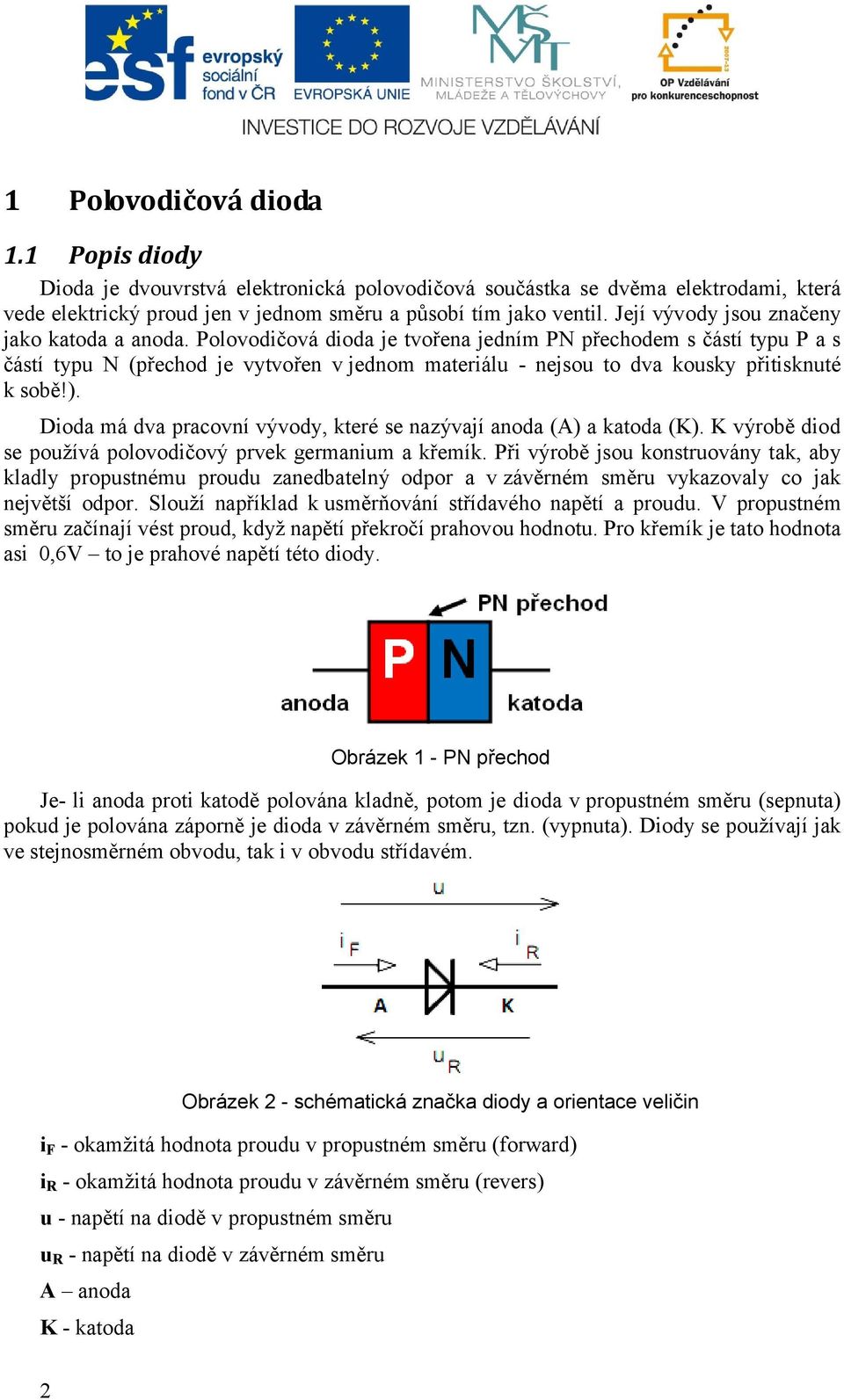 Polovodičová dioda je tvořena jedním PN přechodem s částí typu P a s částí typu N (přechod je vytvořen v jednom materiálu - nejsou to dva kousky přitisknuté k sobě!).