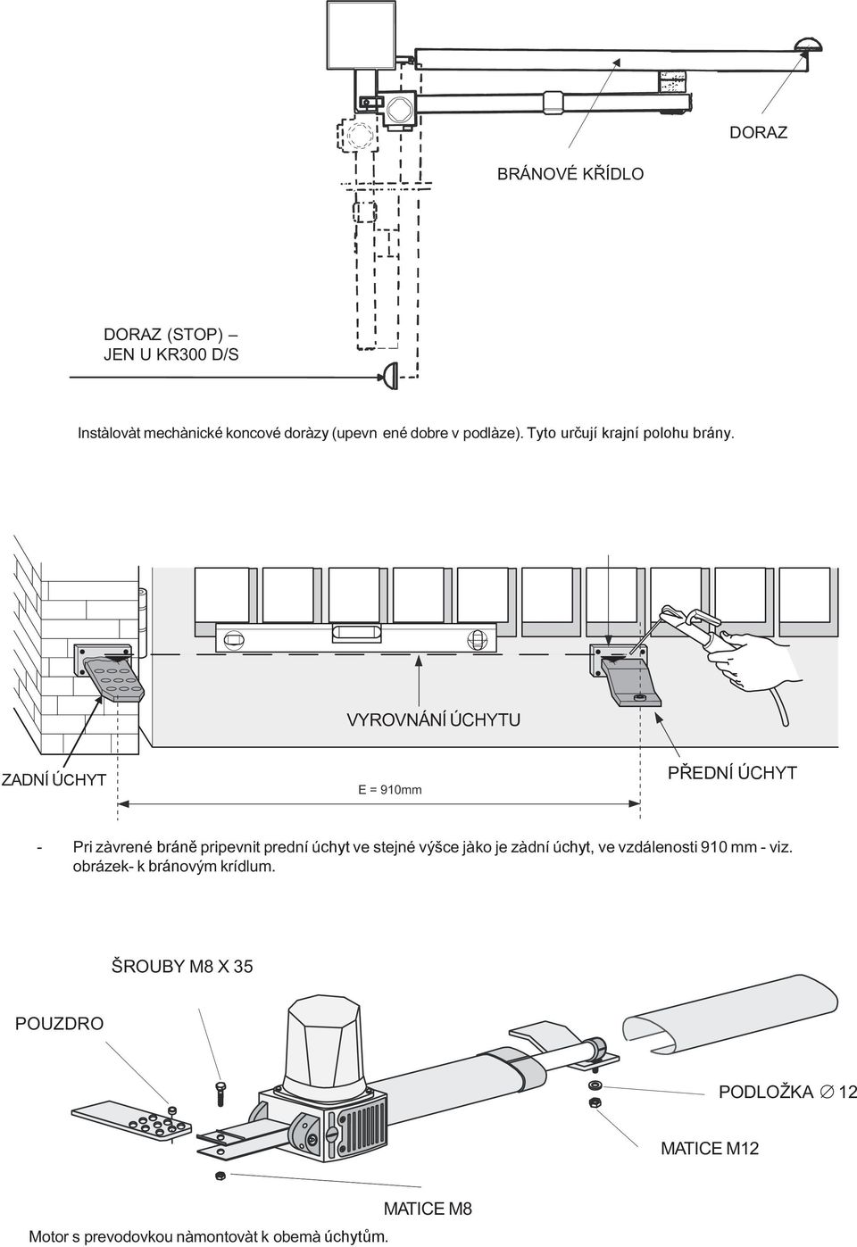 VYROVNÁNÍ ÚCHYTU ZADNÍ ÚCHYT E = 90mm PØEDNÍ ÚCHYT - Pri zavrené bráně pripevnit prední úchyt ve stejné výšce