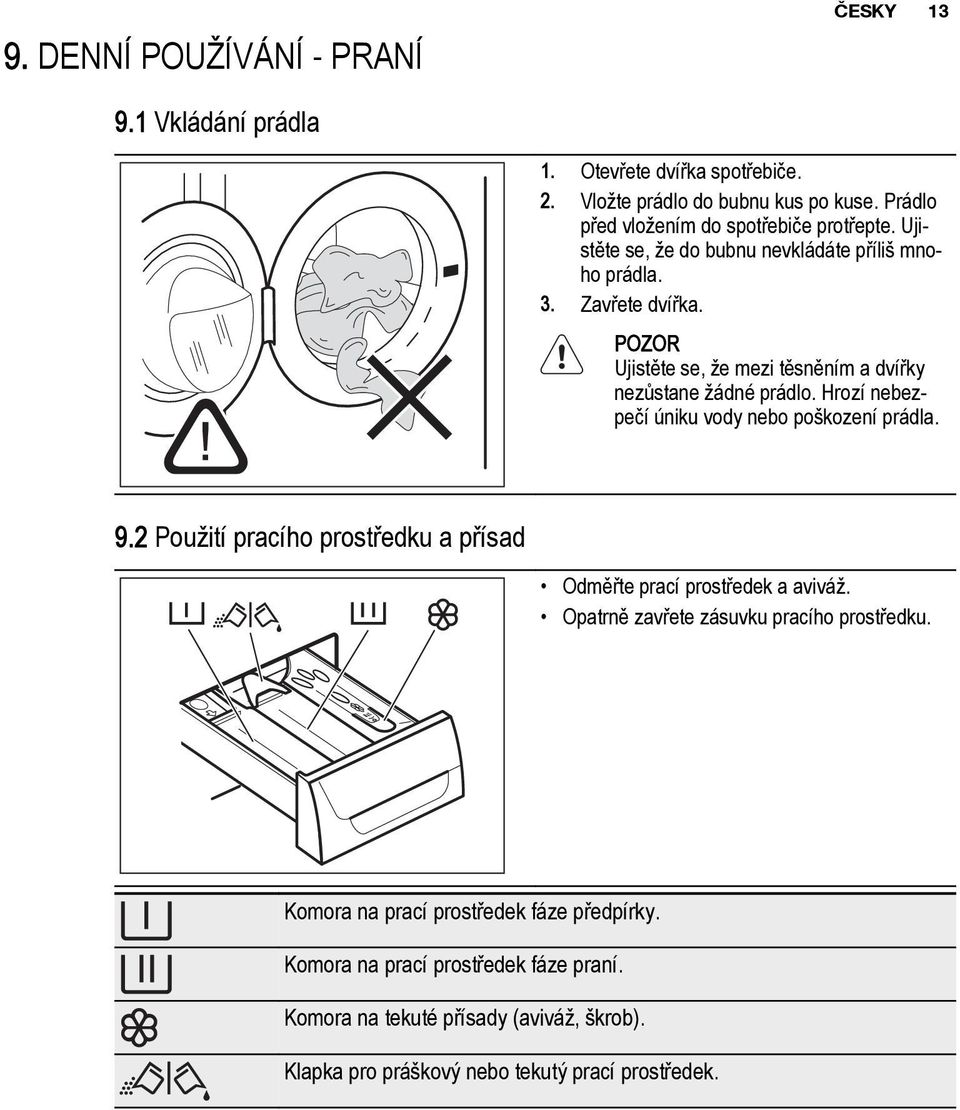 POZOR Ujistěte se, že mezi těsněním a dvířky nezůstane žádné prádlo. Hrozí nebezpečí úniku vody nebo poškození prádla. 9.