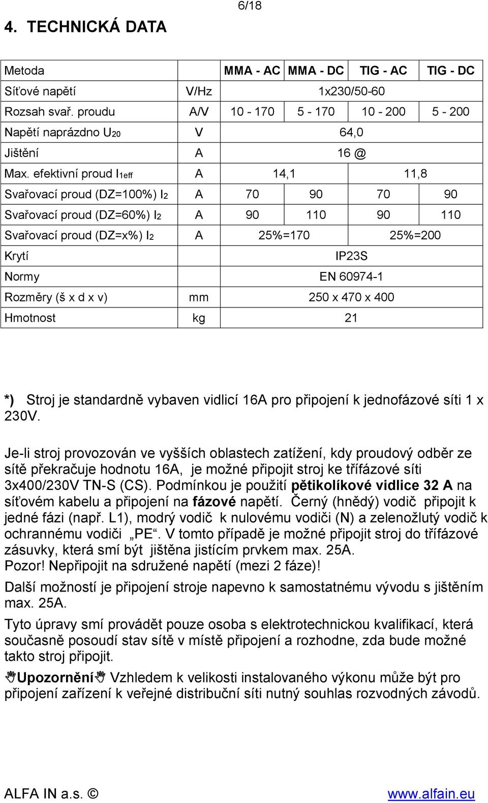 Rozměry (š x d x v) mm 250 x 470 x 400 Hmotnost kg 21 *) Stroj je standardně vybaven vidlicí 16A pro připojení k jednofázové síti 1 x 230V.