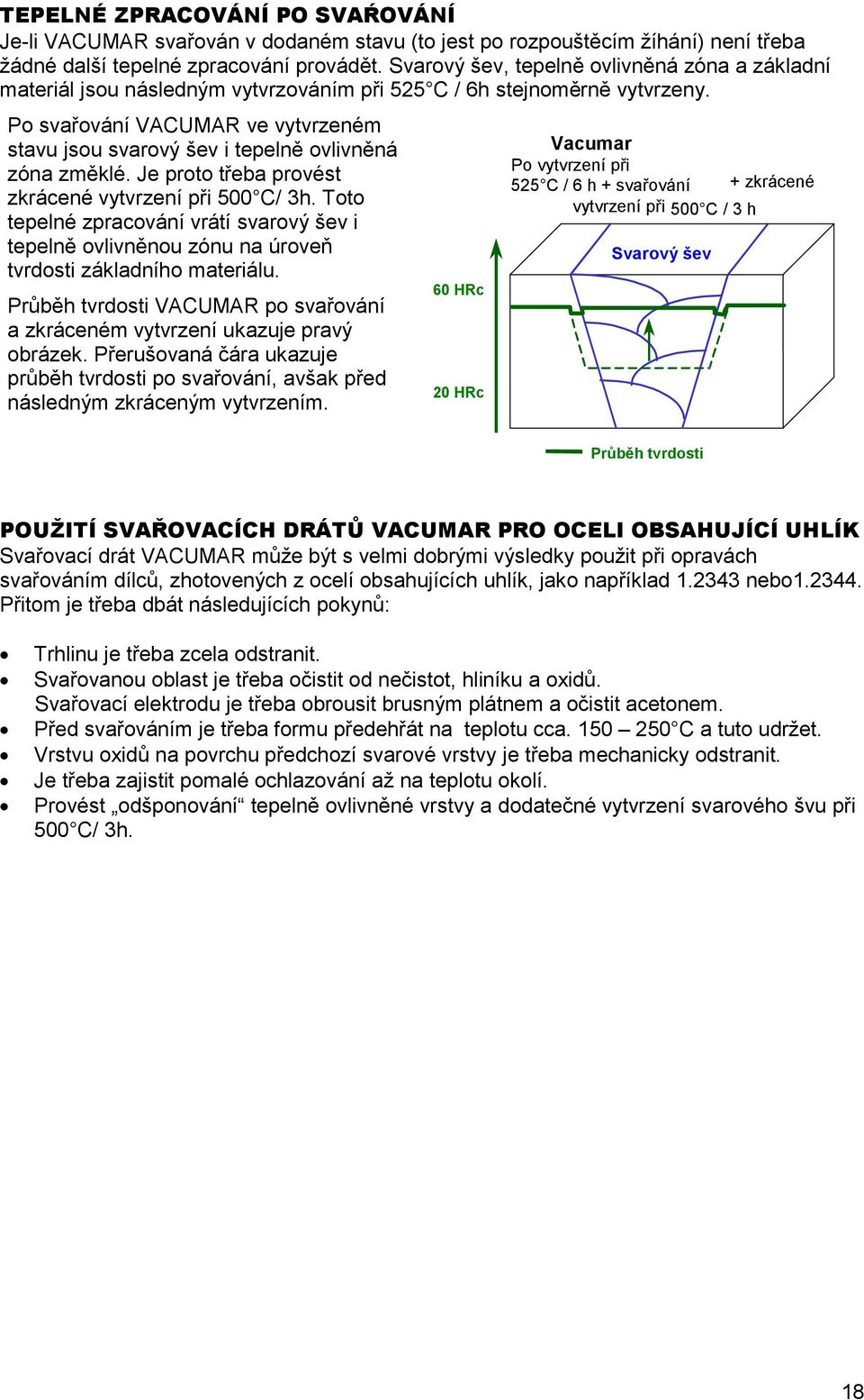 Po svařování VACUMAR ve vytvrzeném stavu jsou svarový šev i tepelně ovlivněná zóna změklé. Je proto třeba provést zkrácené vytvrzení při 500 C/ 3h.