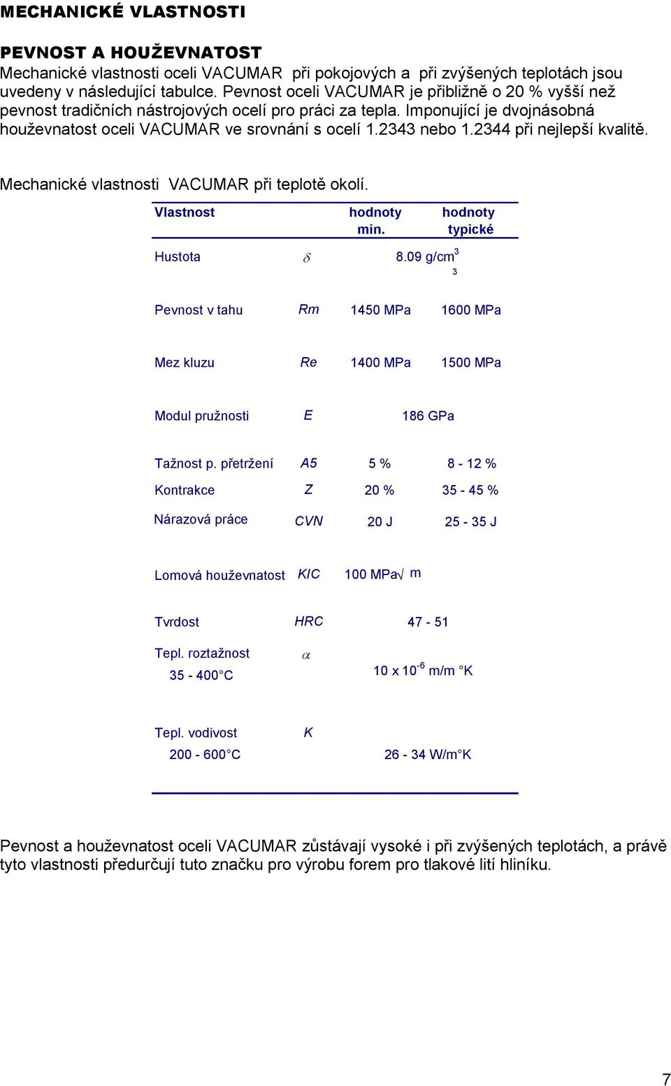 2344 při nejlepší kvalitě. Mechanické vlastnosti VACUMAR při teplotě okolí. Vlastnost hodnoty hodnoty min. typické Hustota δ 8.