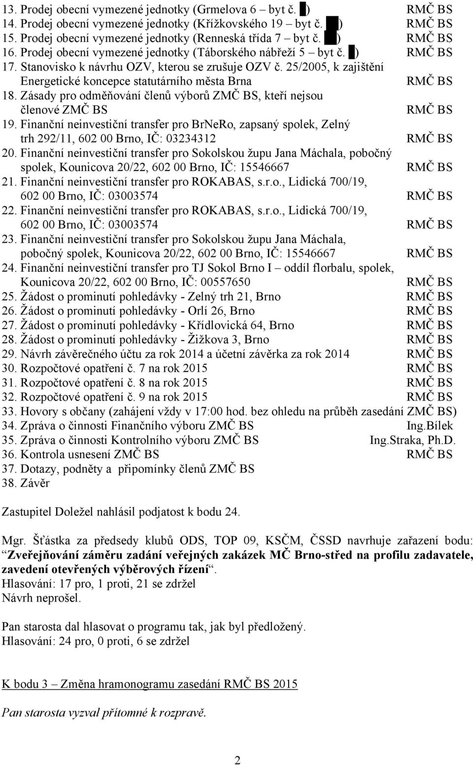 25/2005, k zajištění Energetické koncepce statutárního města Brna RMČ BS 18. Zásady pro odměňování členů výborů ZMČ BS, kteří nejsou členové ZMČ BS RMČ BS 19.