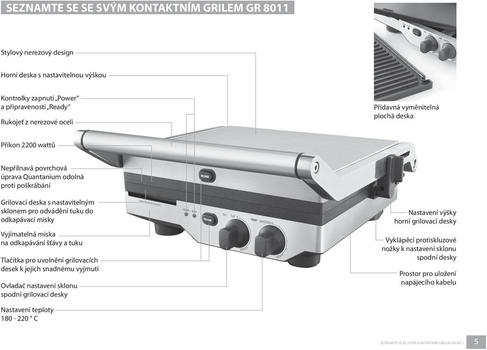 Vyjímatelná miska na odkapávání šťávy a tuku Tlačítka pro uvolnění grilovacích desek k jejich snadnému vyjmutí Ovladač nastavení sklonu spodní grilovací desky Nastavení výšky horní