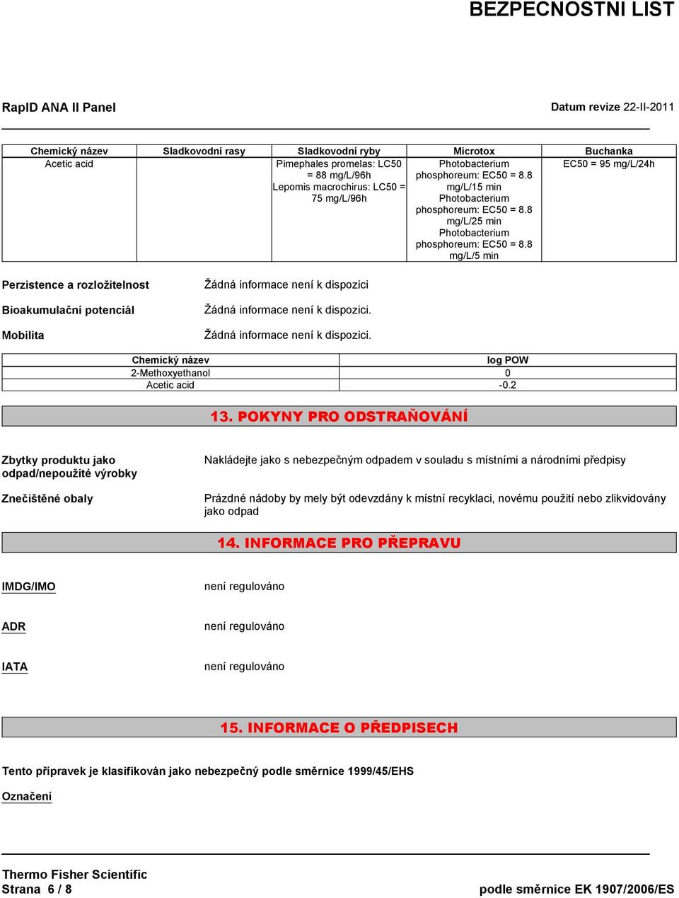 8 mg/l/5 min EC50 = 95 mg/l/24h Perzistence a rozložitelnost Bioakumulační potenciál Mobilita Žádná informace není k dispozici Chemický název log POW 2-Methoxyethanol 0 Acetic acid -0.2 13.