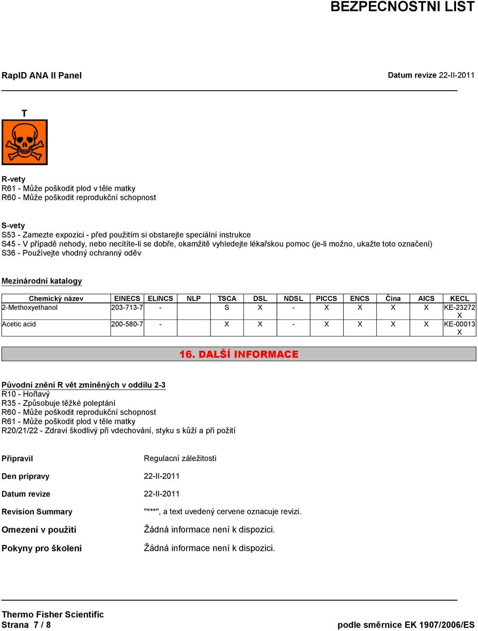 PICCS ENCS Čína AICS KECL 2-Methoxyethanol 203-713-7 - S X - X X X X KE-23272 X Acetic acid 200-580-7 - X X - X X X X KE-00013 X 16.