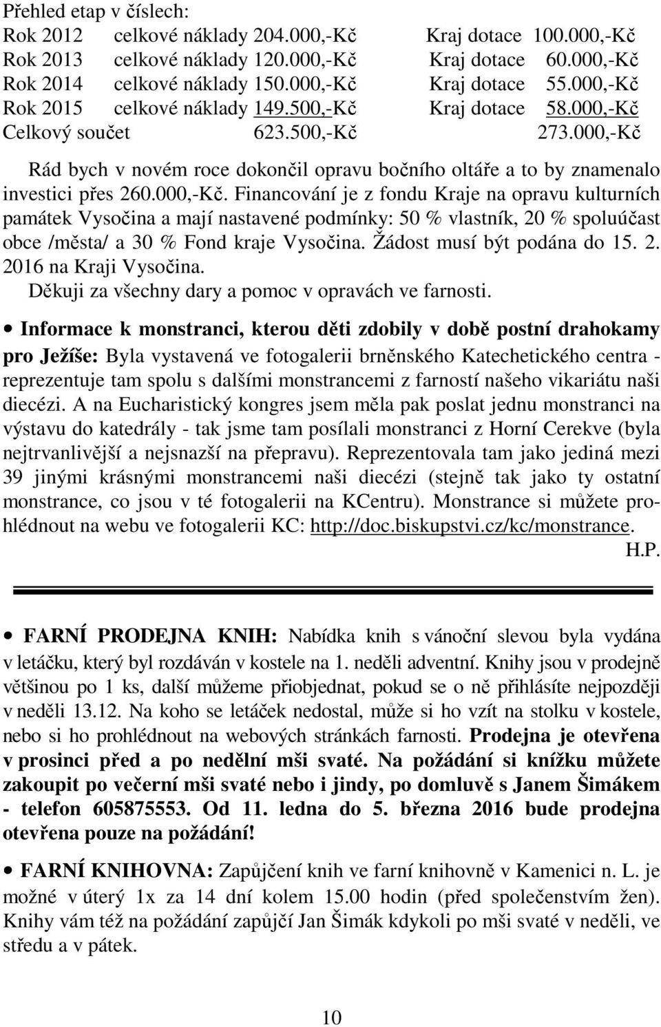 000,-Kč. Financování je z fondu Kraje na opravu kulturních památek Vysočina a mají nastavené podmínky: 50 % vlastník, 20 % spoluúčast obce /města/ a 30 % Fond kraje Vysočina.